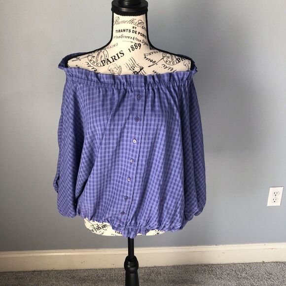 Maeve By Anthropologie Womens Blue Short Sleeve Off Shoulder Blouse Large NWT - Picture 8 of 9